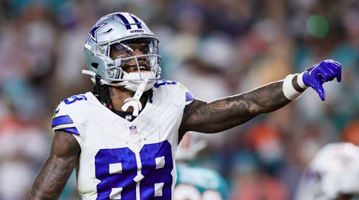 Cowboys receiver CeeDee Lamb reacts to fans.